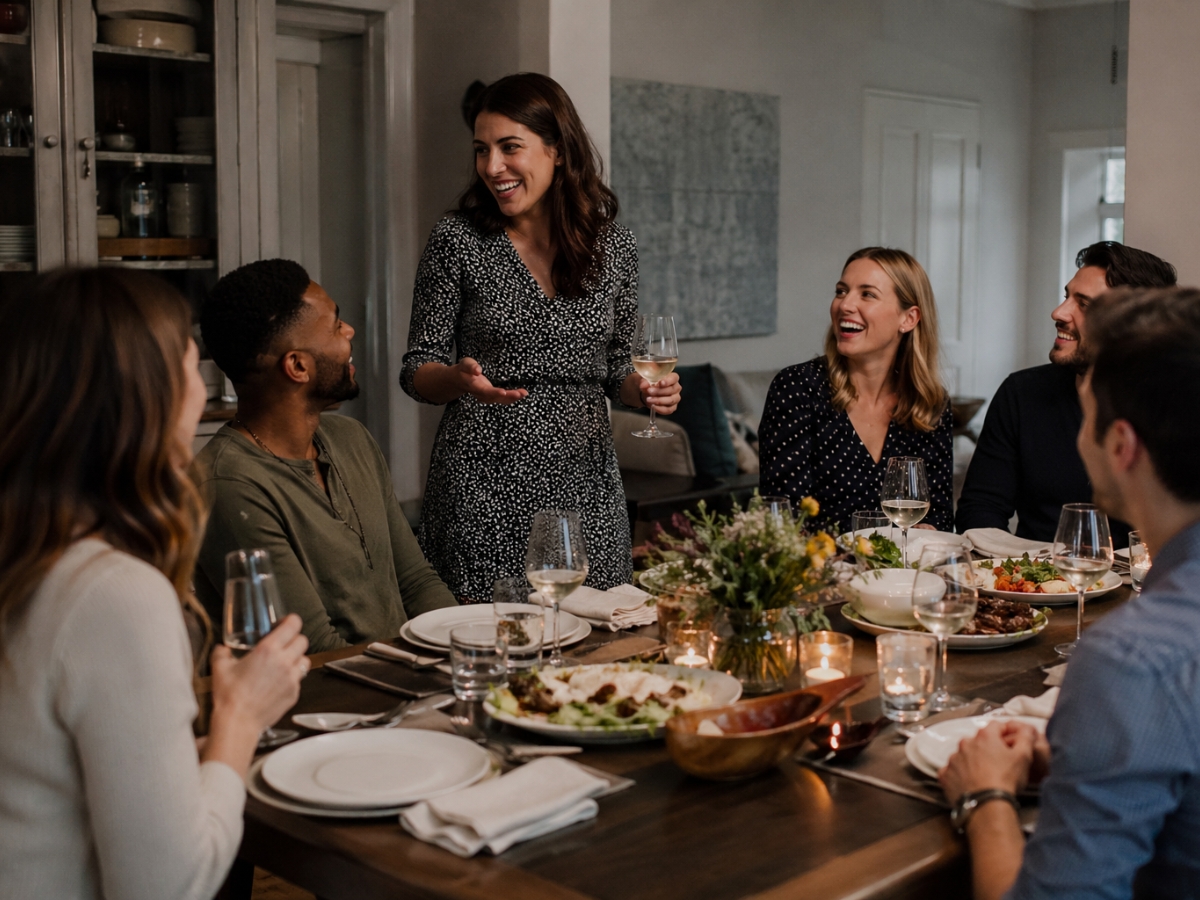 A woman stands and speaks while holding a glass at a dinner party, surrounded by five seated guests, with food and drinks arranged in front of them.