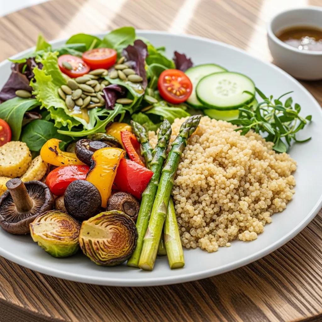 A colorful and nutritious vegetarian meal showcasing organic ingredients on a rustic table