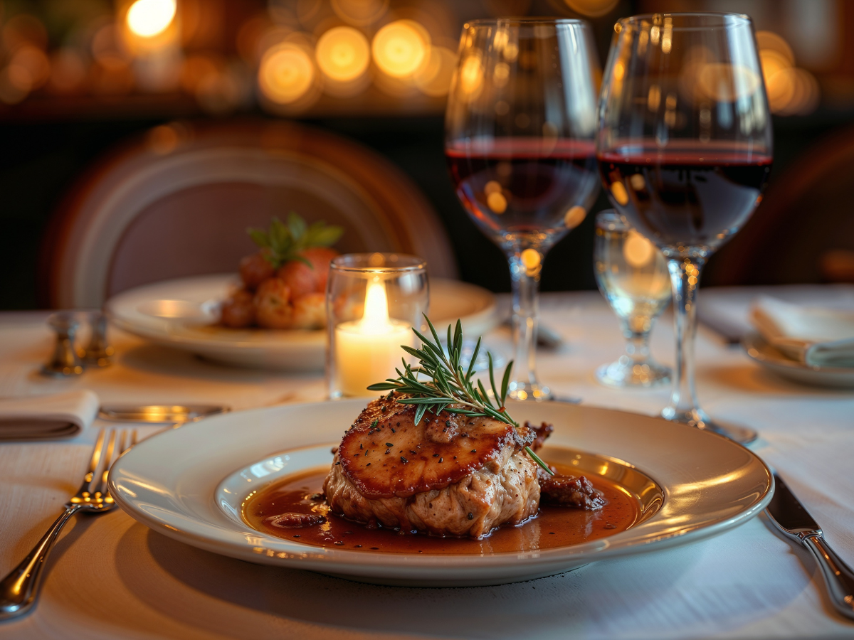 A plated steak with sauce and rosemary garnish sits on a candlelit restaurant table, flanked by two glasses of red wine—an inviting scene perfect for anniversary catering against a softly blurred background.
