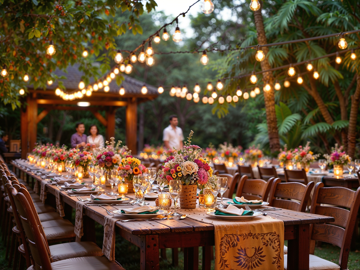 A long wooden table set for an outdoor dinner with floral centerpieces, candles, and string lights; four people stand in the background among trees and greenery, creating an inviting scene perfect for anniversary catering.