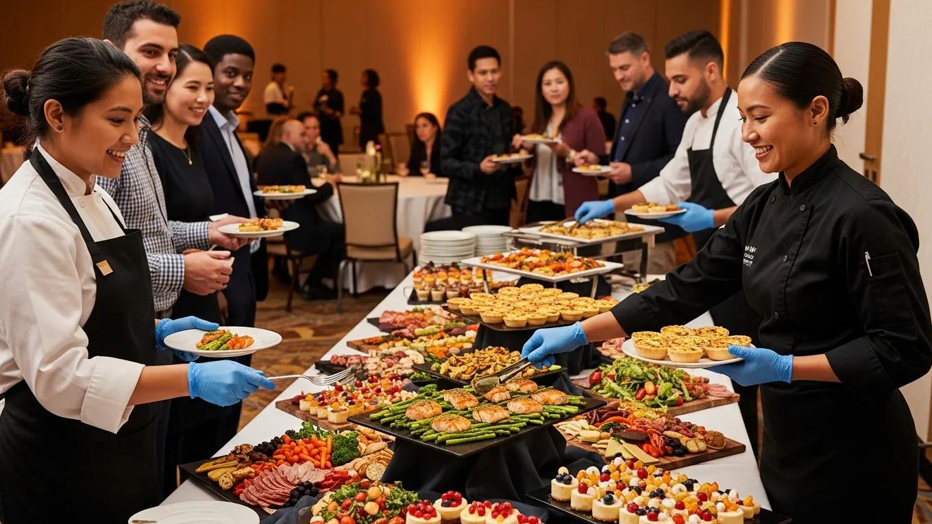 How Networking Catering Helps Create Better Business Events 3 Catering team serving large group during a corporate event