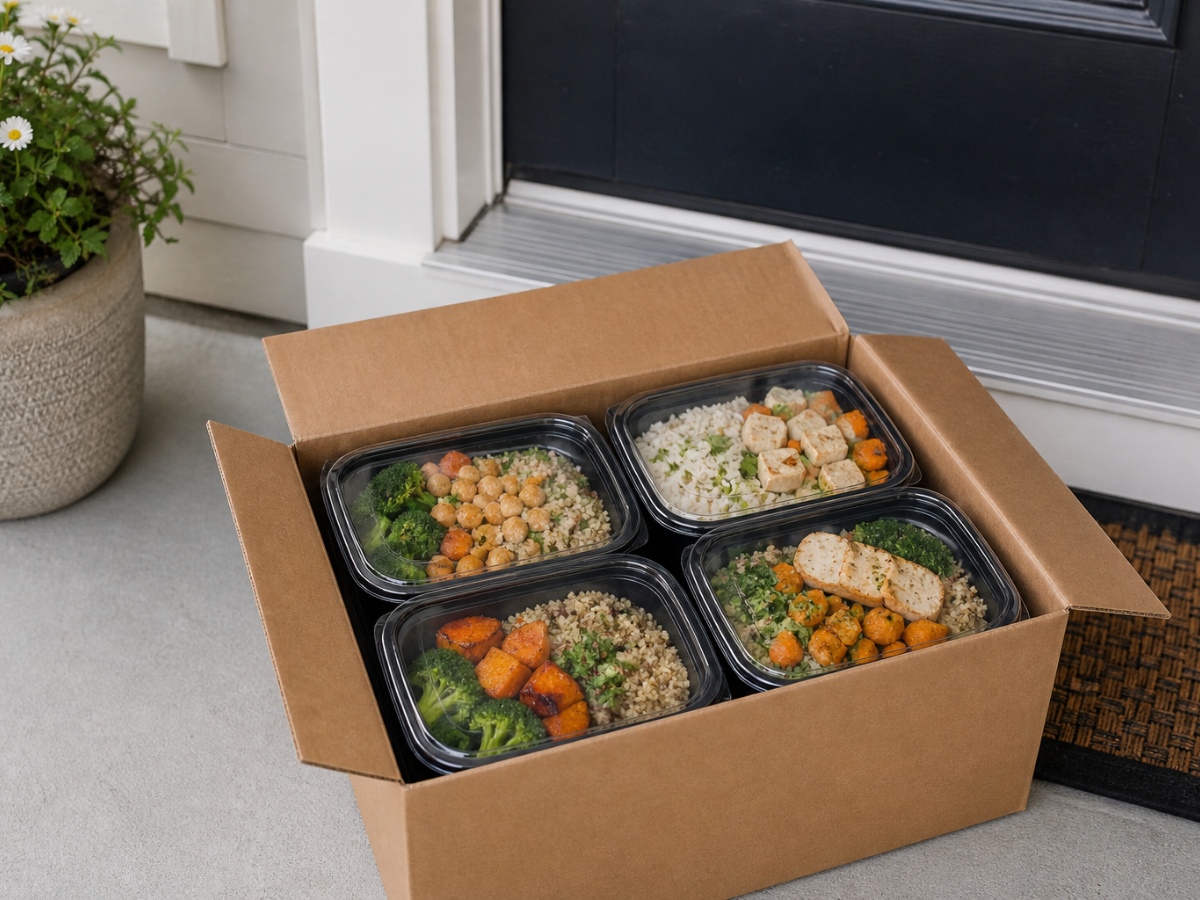 A cardboard box containing four vegetarian meal prep containers with rice, vegetables, and protein is placed on a doorstep next to a doormat and a potted plant.