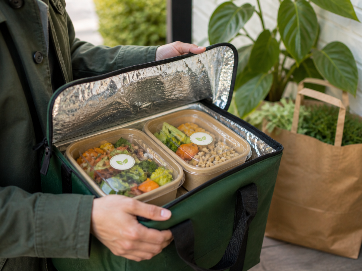 Person holding an insulated bag with two containers of assorted vegetarian prepared food with vegetables; a paper bag with plants is in the background.
