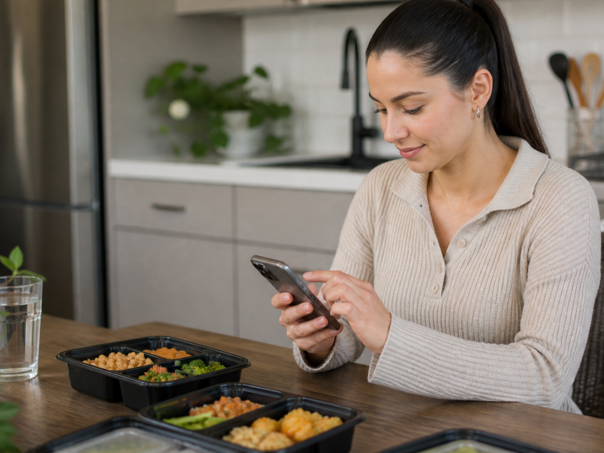 A woman sits at a table with vegetarian meal prep containers, using her smartphone. A glass of water is nearby in a modern kitchen setting.