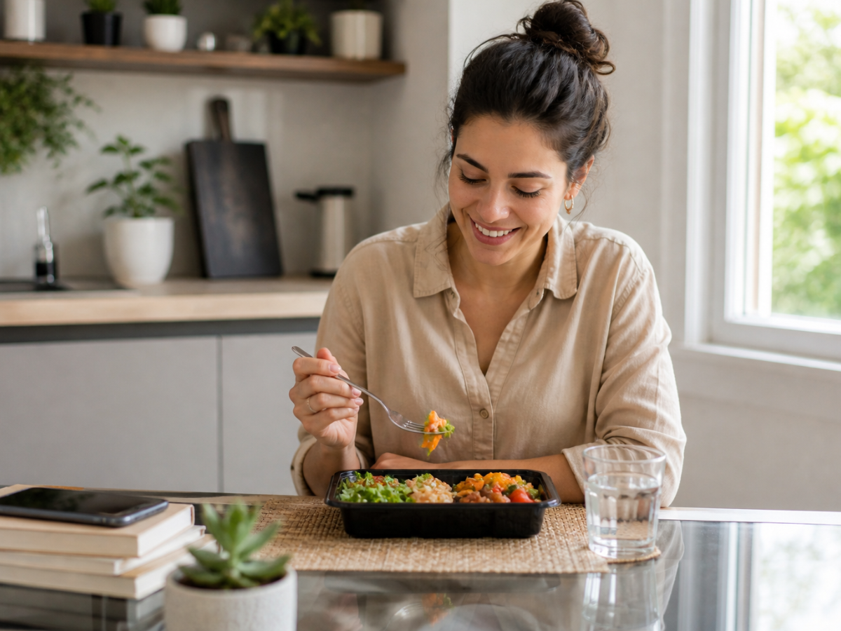A woman sits at a table in a kitchen, smiling and eating a vegetarian meal from a black container with a fork. A glass of water, books, and a plant are on the table.