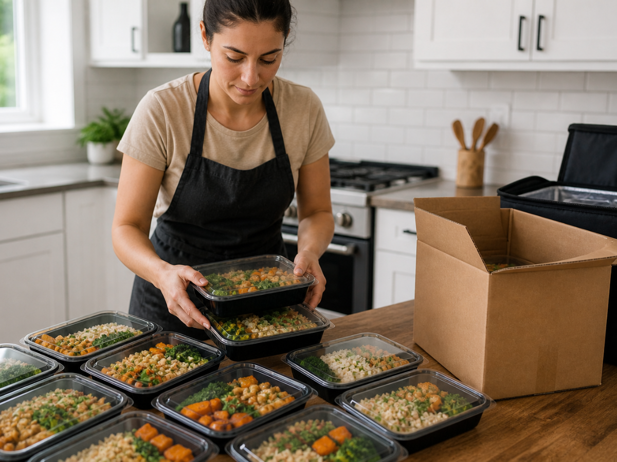 A woman in an apron places sealed vegetarian meal containers on a kitchen counter beside a cardboard box, with more meals arranged in rows.