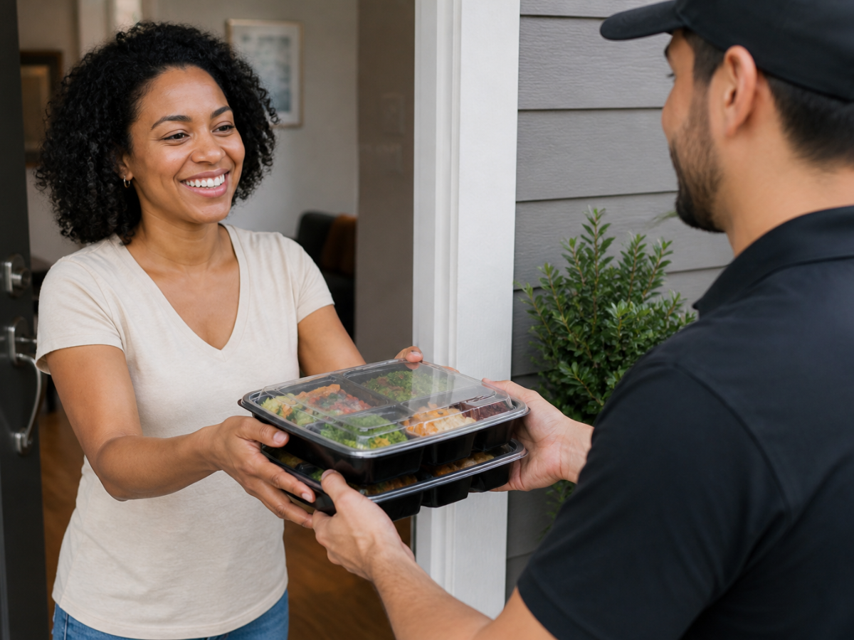 A woman stands at her door smiling as she receives vegetarian packaged food containers from a delivery person.