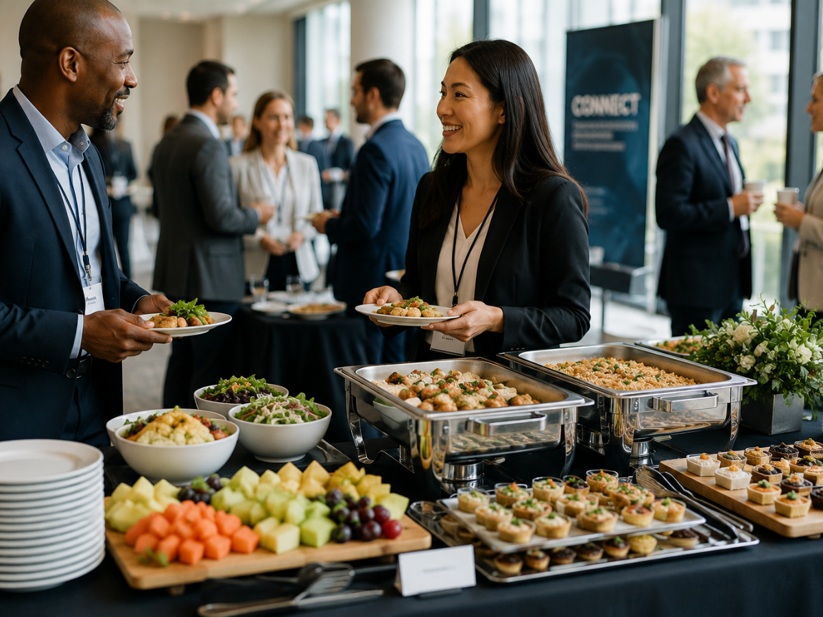 Professionals in business attire gather around a buffet table, enjoying networking catering as they converse and help themselves to assorted food trays and fruit platters at a lively business event.