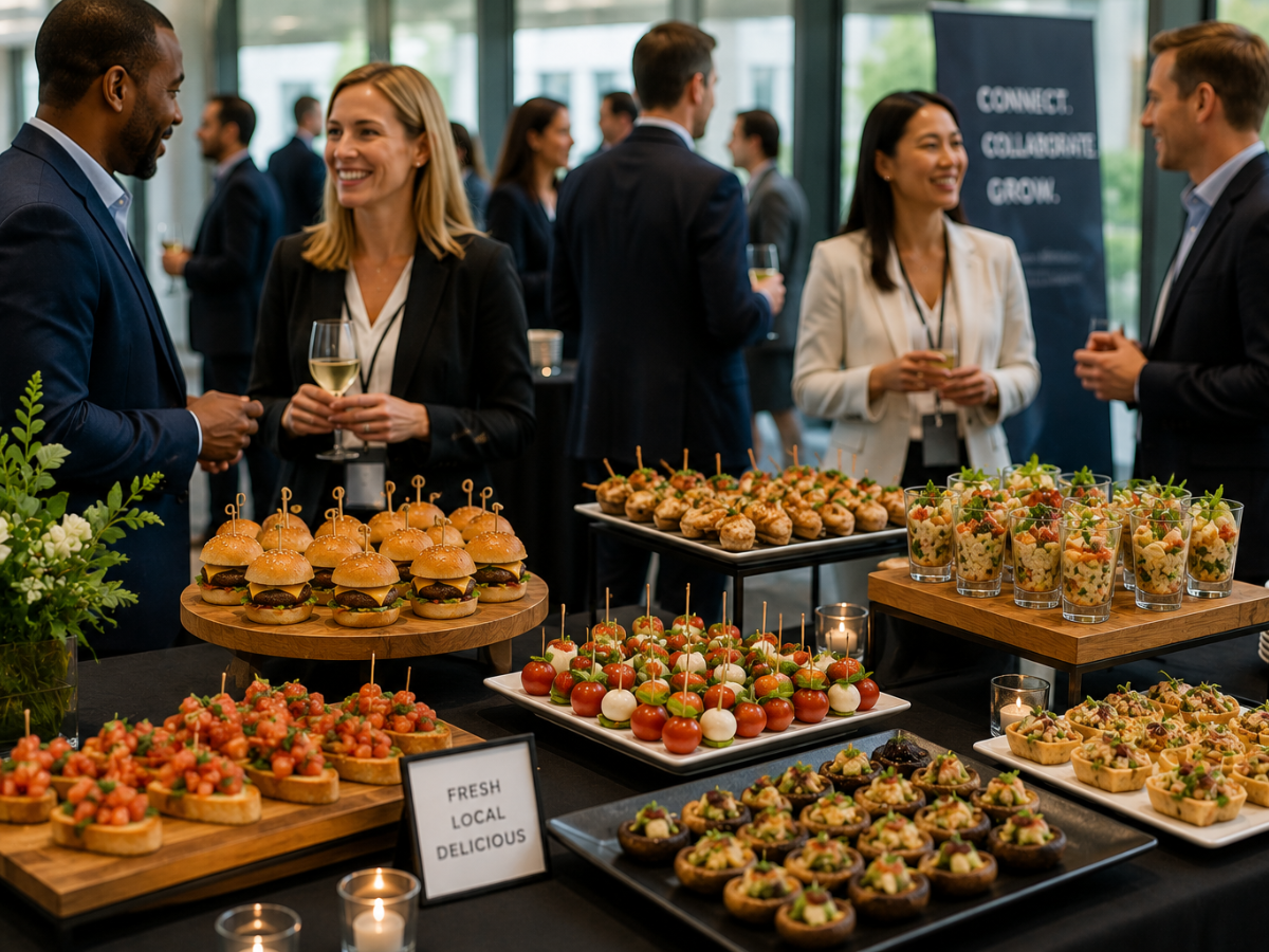 How Networking Catering Helps Create Better Business Events 2 People in business attire converse around a table with assorted networking catering appetizers, including sliders, skewers, and tartlets, at a professional networking event.