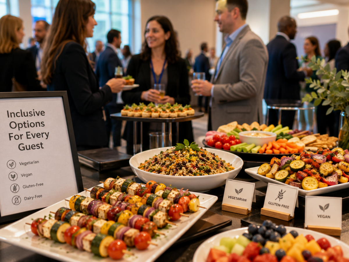 How Networking Catering Helps Create Better Business Events 4 A buffet table displays vegetarian, vegan, gluten-free, and dairy-free options at a networking event, with people conversing in the background and enjoying the curated catering selection.