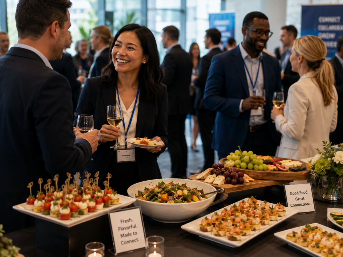 How Networking Catering Helps Create Better Business Events 6 A group of professionals converse and enjoy appetizers at a networking event with a buffet table featuring salads, fruits, hors d'oeuvres, and top-notch networking catering.