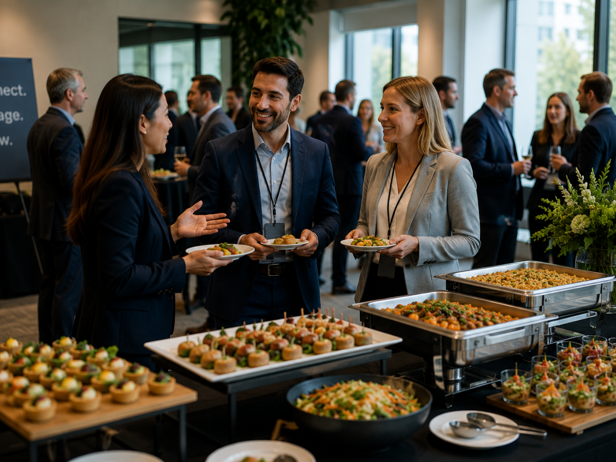 How Networking Catering Helps Create Better Business Events 1 Professionals in business attire converse and serve themselves food from a networking catering buffet at a modern, well-lit venue.