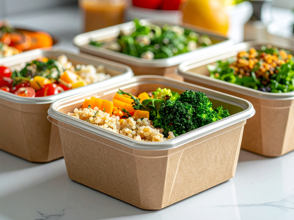 Eco-Friendly Packaging Ideas for Modern Catering 4 Four cardboard containers filled with assorted fresh salads, grains, and vegetables in eco-friendly packaging are arranged on a white countertop.