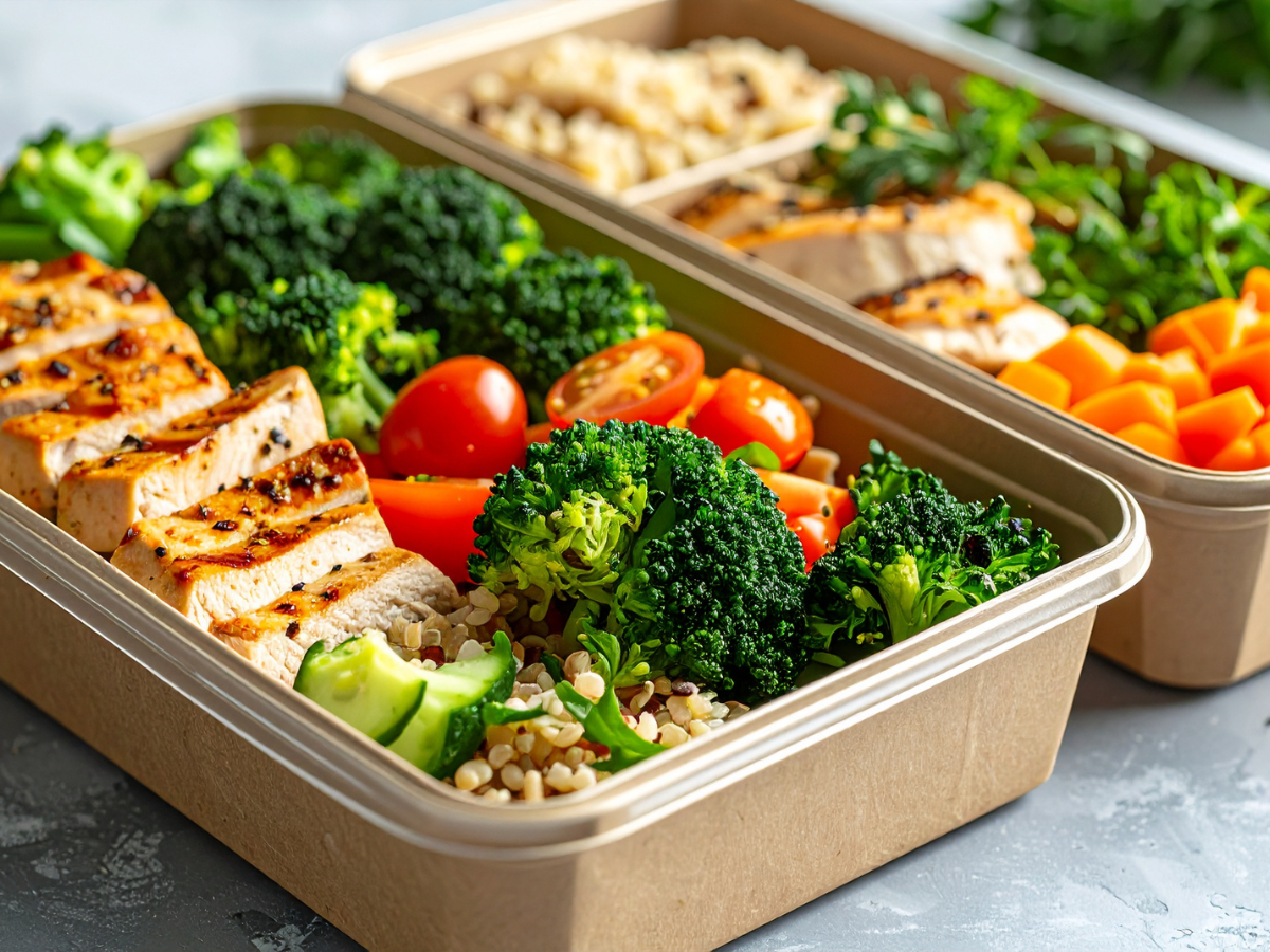 Eco-Friendly Packaging Ideas for Modern Catering 6 Two meal prep containers filled with grilled chicken, broccoli, cherry tomatoes, carrots, brown rice, and other vegetables are neatly arranged in eco-friendly packaging.