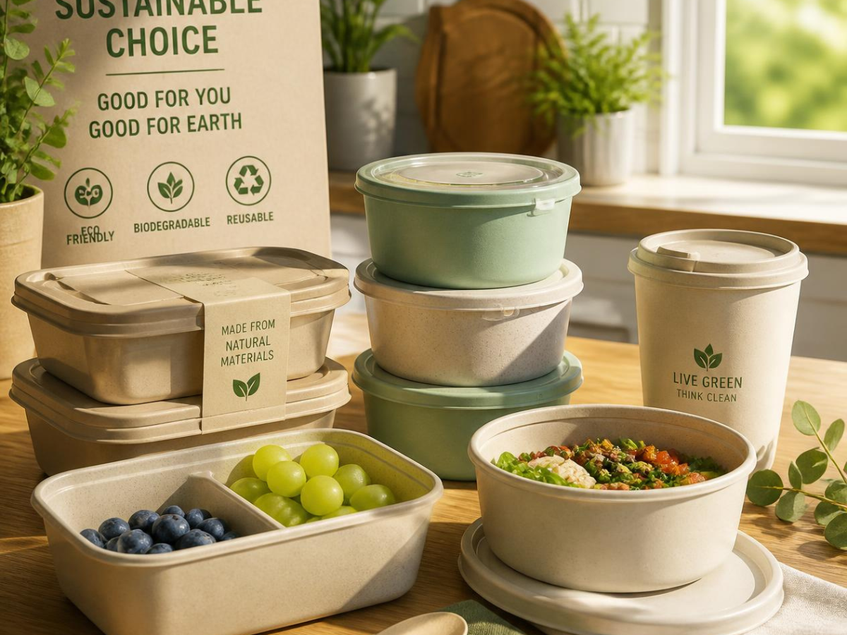 Eco-Friendly Packaging Ideas for Modern Catering 5 Eco-friendly food containers filled with fruit and salad sit on a wooden table, with eco-friendly packaging emphasizing sustainability, biodegradability, and reusability. Sunlight streams through a window.