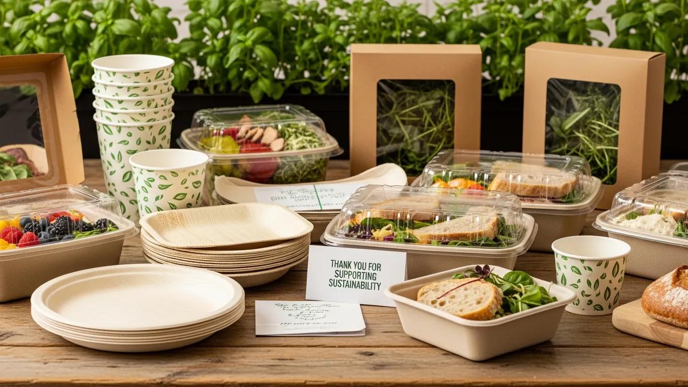 Variety of sustainable food containers including biodegradable plates and compostable cups on a wooden table