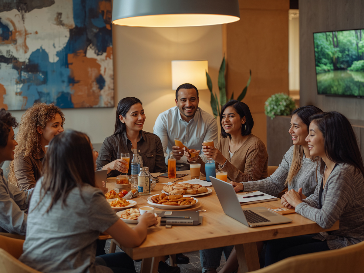 Eight people sit around a table sharing food and drinks, smiling and talking. Plates of snacks from corporate conference catering are on the table, along with a laptop and notebooks.